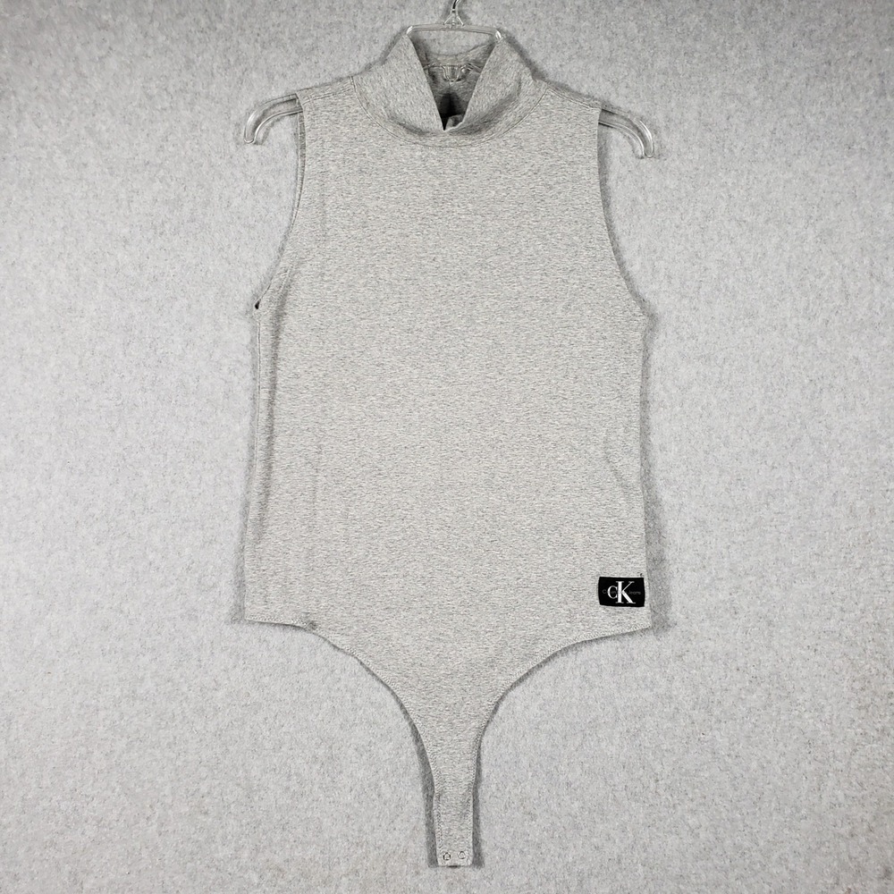 Calvin Klein Jeans‎ Grey Heather V-Neck Thong Bodysuit Logo Patch Pima Cotton XL